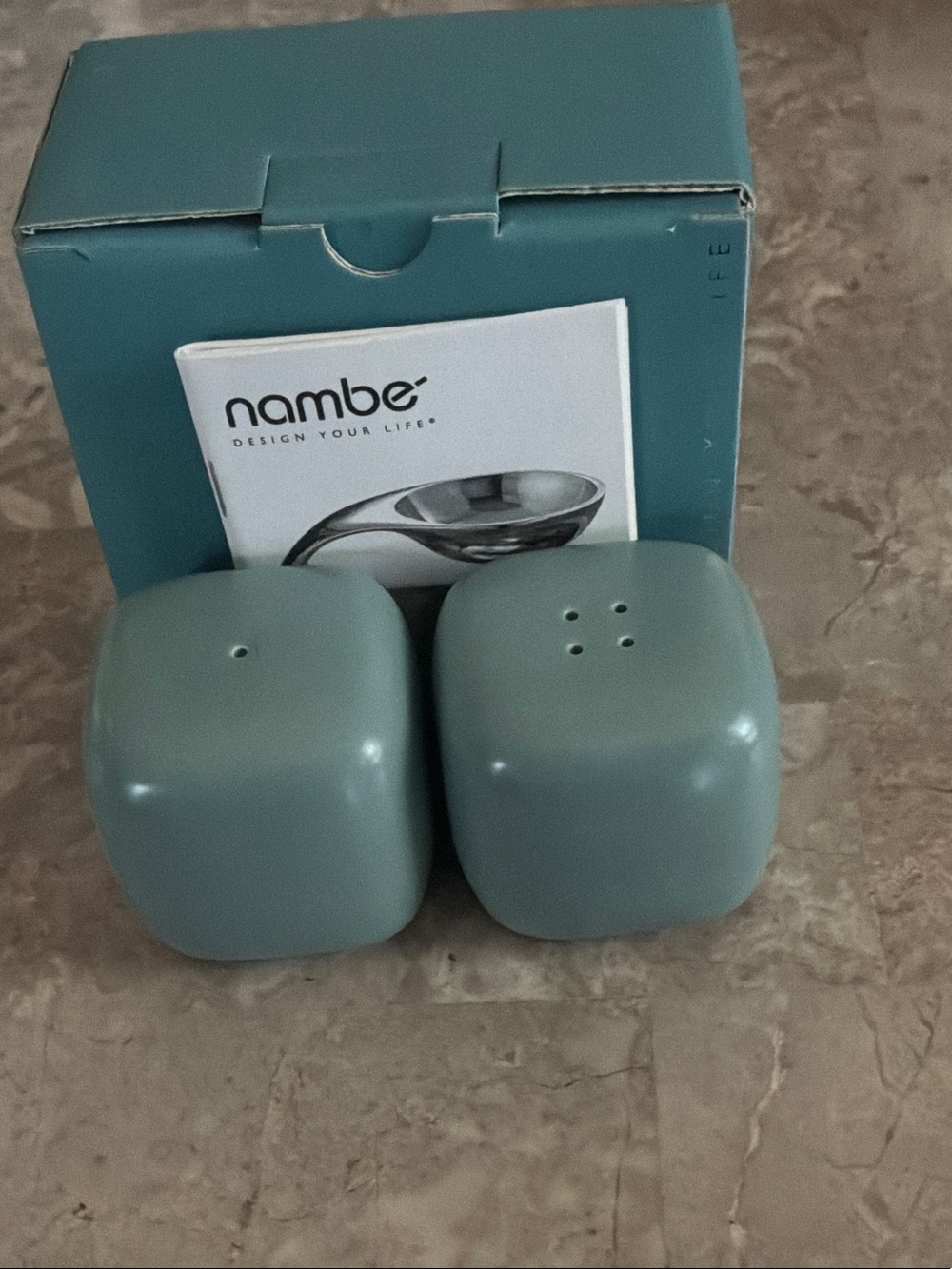 Nambe Matte Teal Cube Salt & Pepper Set